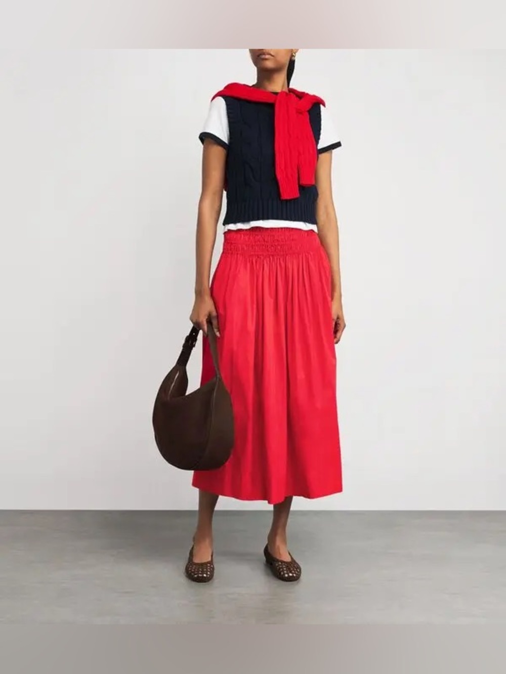 The GREAT. Viola Shirred Midi Skirt in Red, Size 0 (XS)
